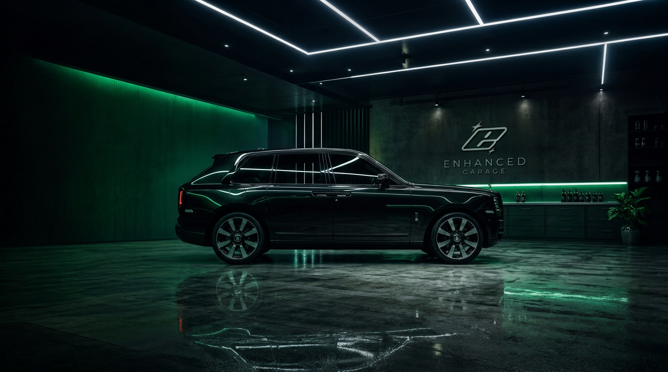 Moody premium automotive detailing studio with cool LED ceiling lights and a luxury sports car silhouette